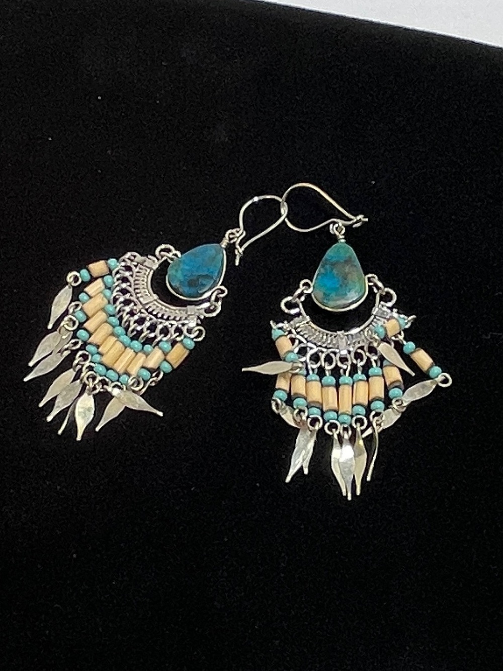 Vintage Native American Style Bamboo Bead W/ Teal Teardrop Shape Stone Earrings